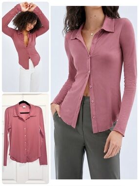 Artizia Wilfred Pose Hip Long Sleeve Button Up Shirt Dusty Rose Blouse Sz Large